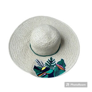 100% Paper Large Floppy Sun Hat Embroidered Tropical Print One Size